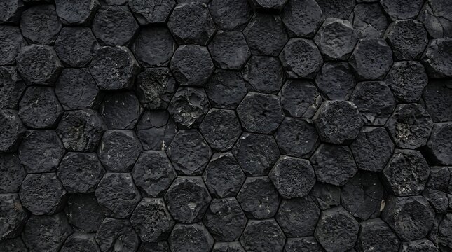 Dark volcanic basalt rock face texture - black hexagonal column cross section.