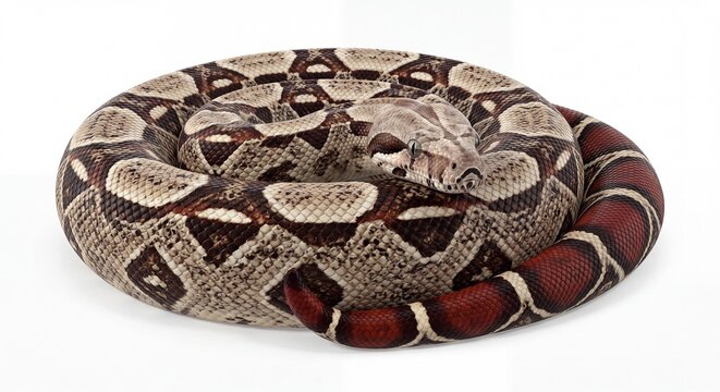 A detailed close-up of a coiled red-tailed boa constrictor resting on a clean white studio.