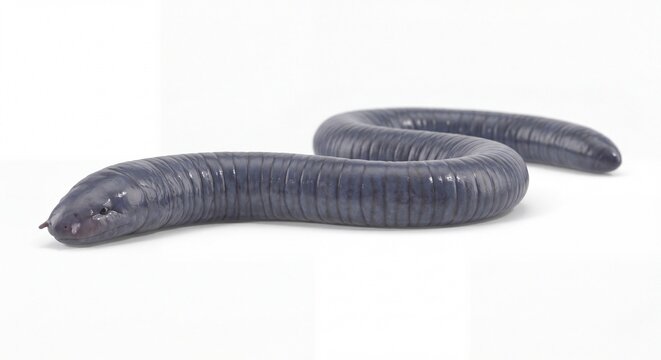A detailed close-up of a dark purple caecilian amphibian isolated against a clean white background.