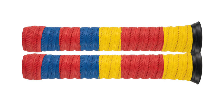 Colorful striped grips for sports equipment, providing enhanced control and comfort