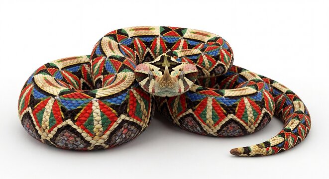 A vibrant multi-colored patterned viper snake coiled in a circle on a plain white studio background.