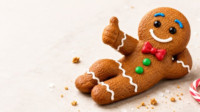 A cheerful gingerbread man gives a thumbs-up while lying on his back on the floor with his legs crossed; festive wooden background, Christmas banner format. Copy space
