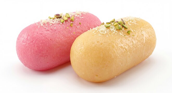 Two oblong cham cham sweets in pink and yellow colors garnished with crushed pistachios isolated.