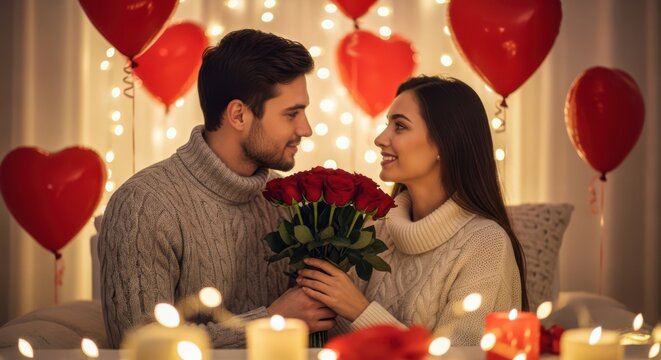 Couple holding flowers on a romantic date night