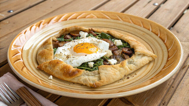 Photorealistic French breakfast galette with crisp pastry, soft yolk, spinach, caramelized onions and goat cheese at a caf&eacute; table