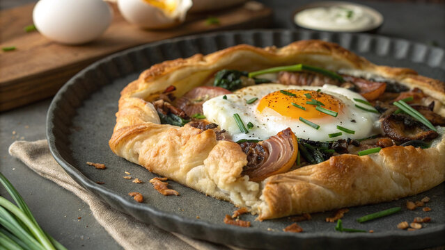 Photorealistic macro savory galette showing flaky pastry, golden eggs, creamy goat cheese, spinach and crisp potato lattice detail
