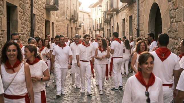 People running in white with red scarves on a cobblestone street during a festive event or celebration