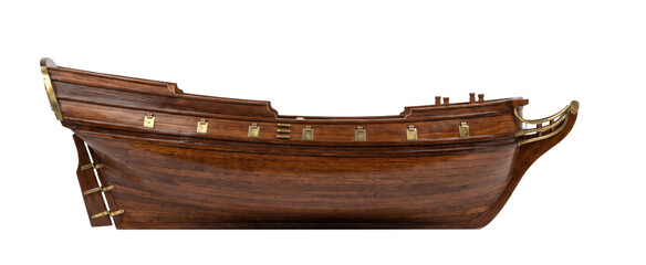 Detailed wooden model of a historical sailing ship's hull with brass fittings © maximon4ik