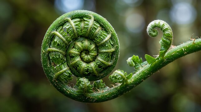 Pacific Northwest fern frond unfurling - fibonacci spiral fiddle head macro.