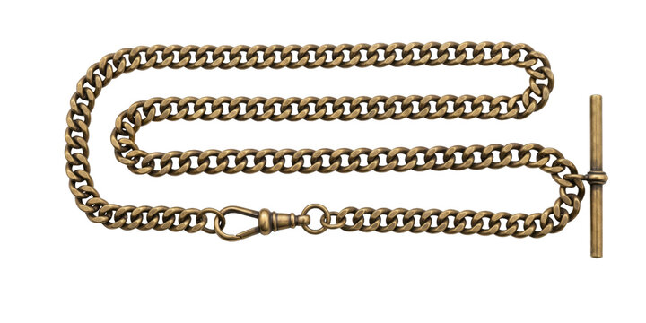 Antique brass pocket watch chain with T-bar and clasp for accessory attachment