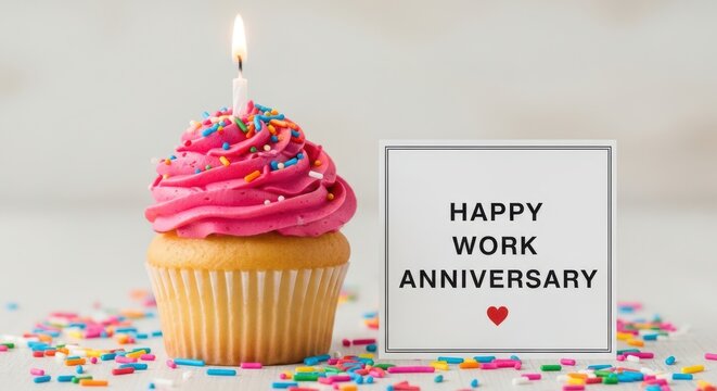 Pink cupcake with happy work anniversary sign