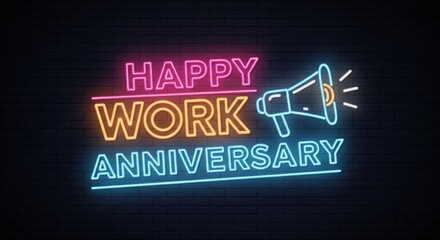 Naklejka premium Happy work anniversary neon sign with megaphone