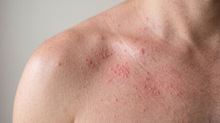 Fototapeta premium Close up of red heat rash and allergic bumps on male shoulder