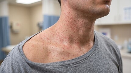 Naklejka premium Patient in clinic with red heat rash bumps on neck and shoulder
