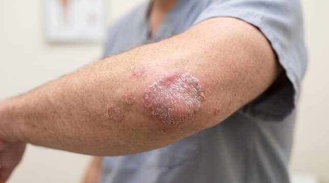 Patient showing scaly plaque psoriasis patch on elbow