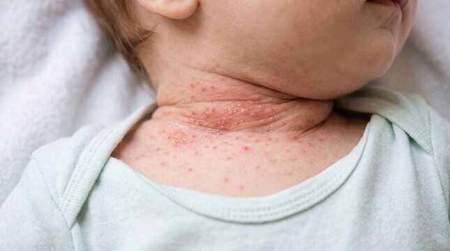 Infant neck with prickly heat rash and red miliaria bumps
