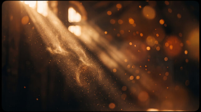 Golden sunbeams cutting through floating dust motes in a dark room