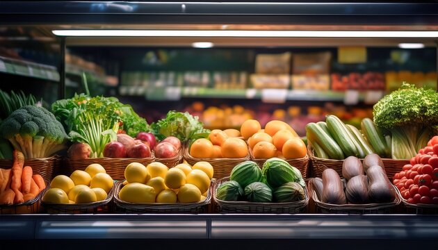 fresh fruits and vegetables on shelf in supermarket