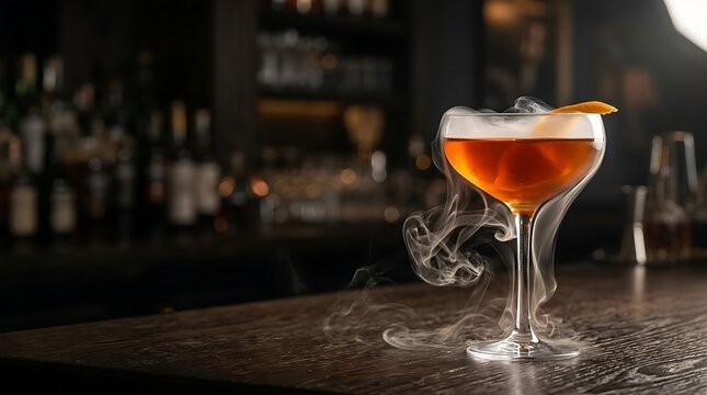 Halloween cocktail featuring smoky orange beverage in glass with dry ice vapor on dark bar counter for seasonal nightlife menus and web headers