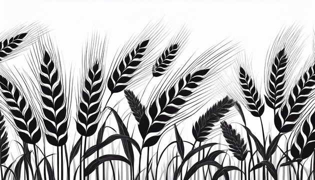wheat field ears of wheat rye or barley agriculture and harvest seamless border black isolated silhouette on white background drawing