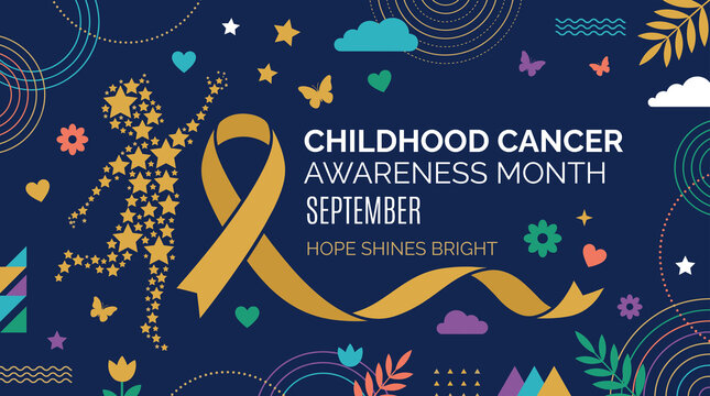 Childhood Cancer Awareness Month September banner with gold ribbon, stars, butterflies, and flowers illustration