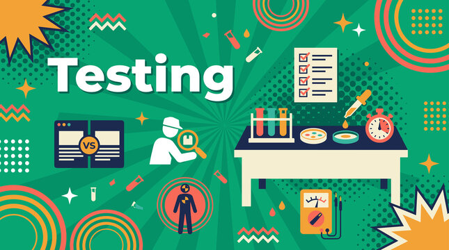 Testing concept banner with laboratory table, test tubes, checklist, magnifying glass, and stopwatch illustration