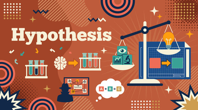 Hypothesis concept banner with balance scale, test tubes, brain, microscope, and thought bubble illustration