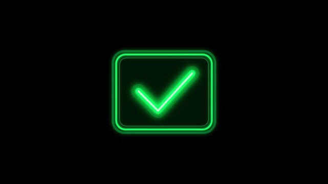 Neon Tick Green Check Mark Animation on Flickering on black background, Glowing Validation Symbol Animation, Luminous Success Tick in Square Frame, neon, green, check mark, validation, success, icon.