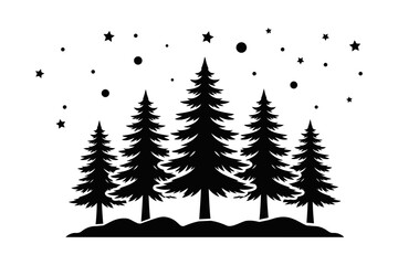 Obraz premium Pine tree forest under starry night sky vector illustration isolated on white background. Winter pine forest landscape silhouette, spruce trees, and snow stars pattern.