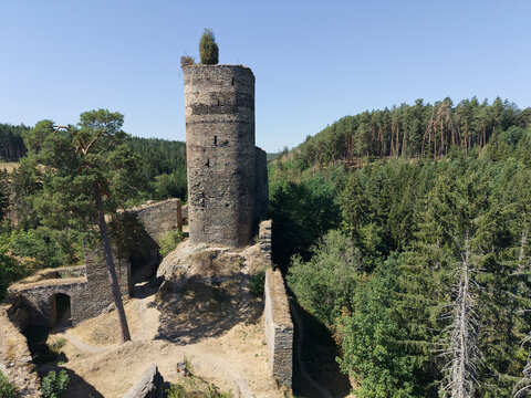 Drone view photo ruin of Gut&scaron;tein castle, on the rock-bound over the stream Hadovka. Founded around 1300.