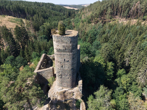 Drone view photo ruin of Gut&scaron;tein castle, on the rock-bound over the stream Hadovka. Founded around 1300.
