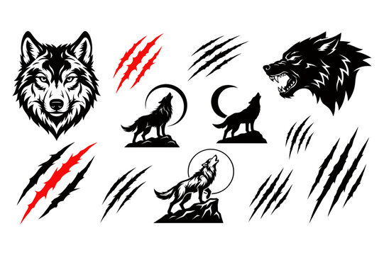 Wolf head, howling wolf at moon, and claw scratch marks vector illustration set isolated on white background. Snarling wolf mascot logo and red scratch slash collection.