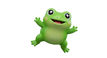 Fototapeta premium Happy green cartoon frog jumping cheerfully isolated on transparent background