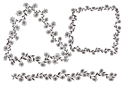Set of black floral frames. Hand-drawn vector borders: triangle, square and a straight line made of curly vines and flowers
