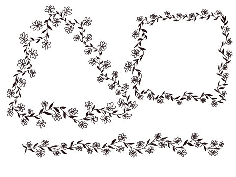 Set of black floral frames. Hand-drawn vector borders: triangle, square and a straight line made of curly vines and flowers