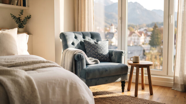 Cozy bedroom interior features blue velvet armchair placed by sunny window overlooking serene mountain village view beside wooden table with steaming cup for morning relaxation.
