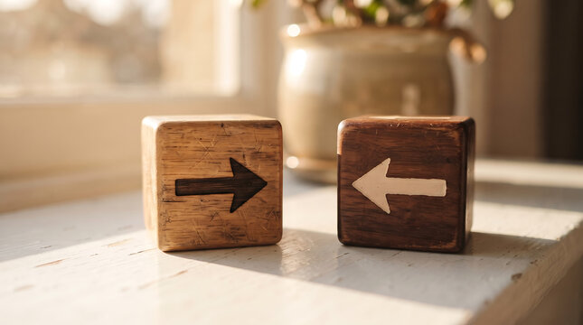 Wooden blocks with arrows pointing opposite directions on windowsill, sunlight streaming through, symbolizing contrast, decision making, and reflective state of mind inspiration