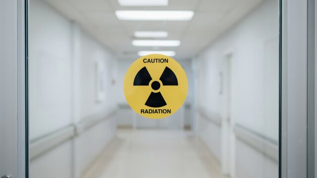 Radiation caution sign on glass door, yellow radioactive symbol in hospital hallway, nuclear safety warning in medical facility