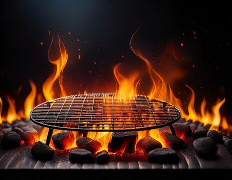 barbecue grill embers with flames and abstract sparks grid and fire on charcoal in black background