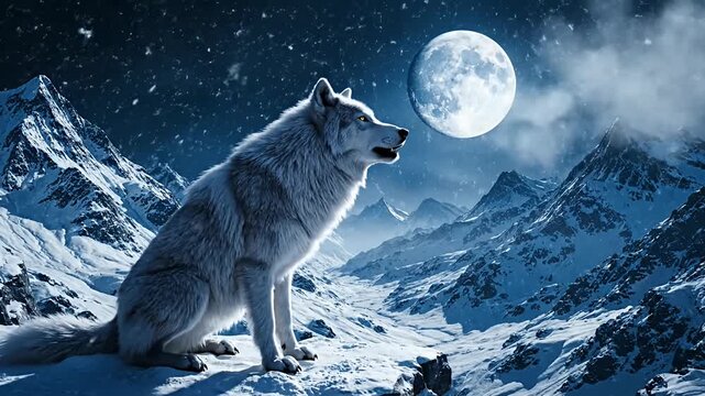 Lone wolf sitting on snowy peak under bright full moon.
