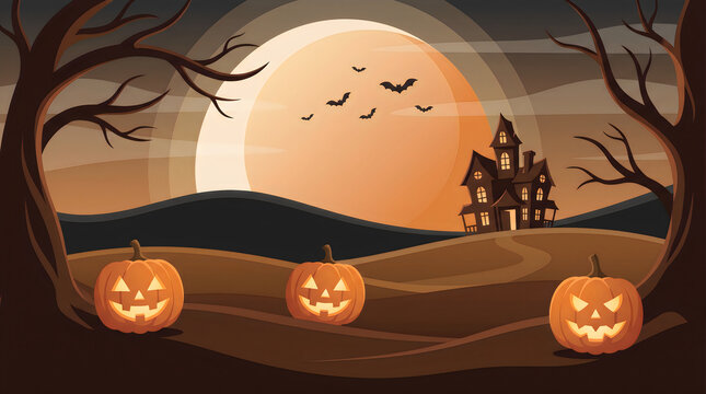 Spooky halloween scene with smiling pumpkins and a haunted house under a giant full moon