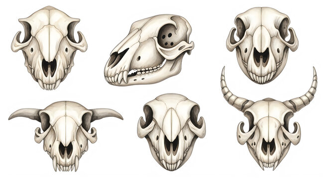 Animal skulls front and side views comparison isolated on transparent background