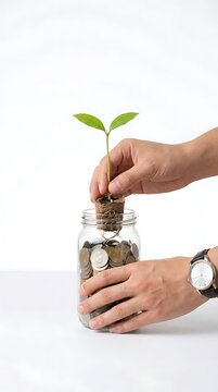Hand Planting Tree Coin Jar Growth Investment Concept Financial Simple White