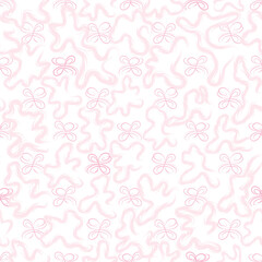 Obraz premium Stylish abstract loopy wavy line seamless pattern. Pink and white gentle blurred texture with bow and blur chaotic shapes for fabric design, wallpapers, textile.
