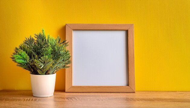 wooden frame mockup composition with a flowerpot a notebook against the background of a yellow wall