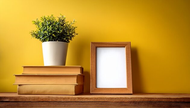 wooden picture frame mockup flowerpot on a pile of books on an old wooden shelf composition on a yellow wall background