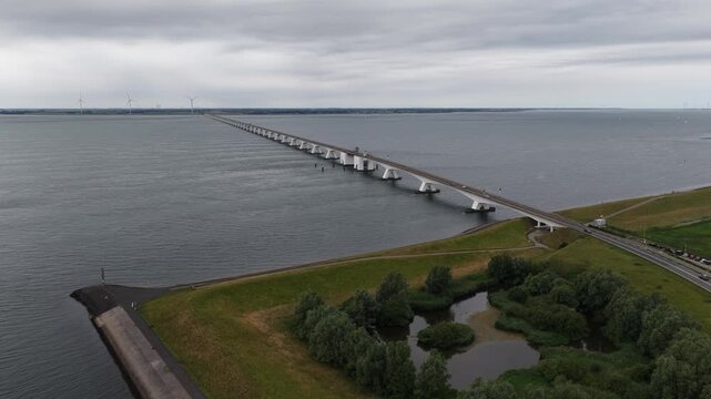 Aerial view of the zeeland bridge over oosterschelde sea