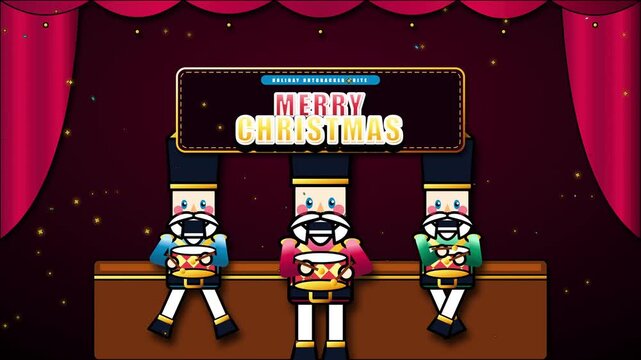 Festive Christmas illustration with cute nutcracker characters on stage under a Merry Christmas banner