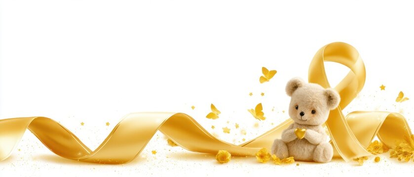 Yellow Awareness Ribbon with Teddy Bear Symbolizing Hope, Solidarity and Support