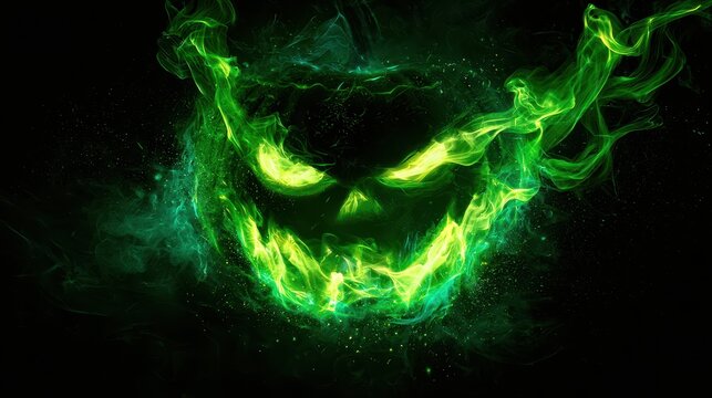 Sinister glowing green pumpkin face formed from swirling magical smoke and luminous particles against a dark black background.